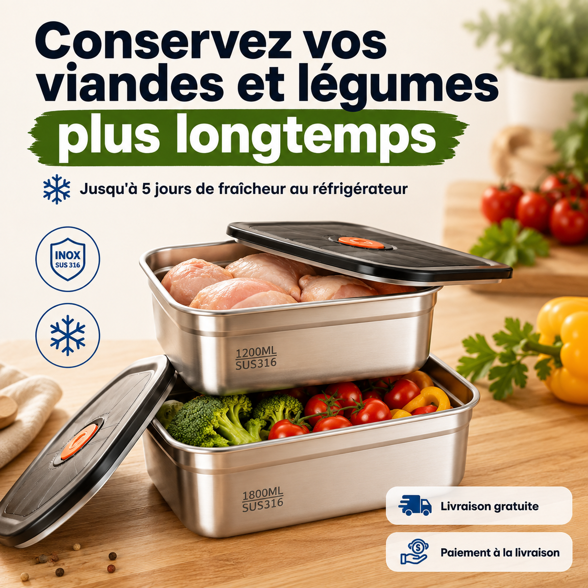 Lot de 2 Boîtes de Conservation Hermétiques en Inox (🇨🇮)